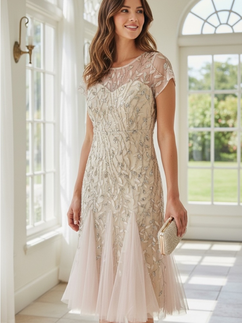 Ever Pretty Champagne and Blush Embroidered Maxi Dress